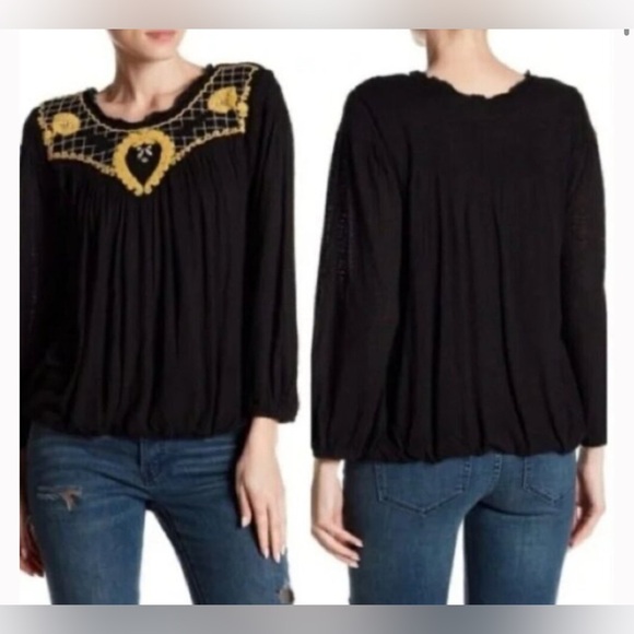 Free people black yellow embroidered begonia peasant top medium - Picture 2 of 4